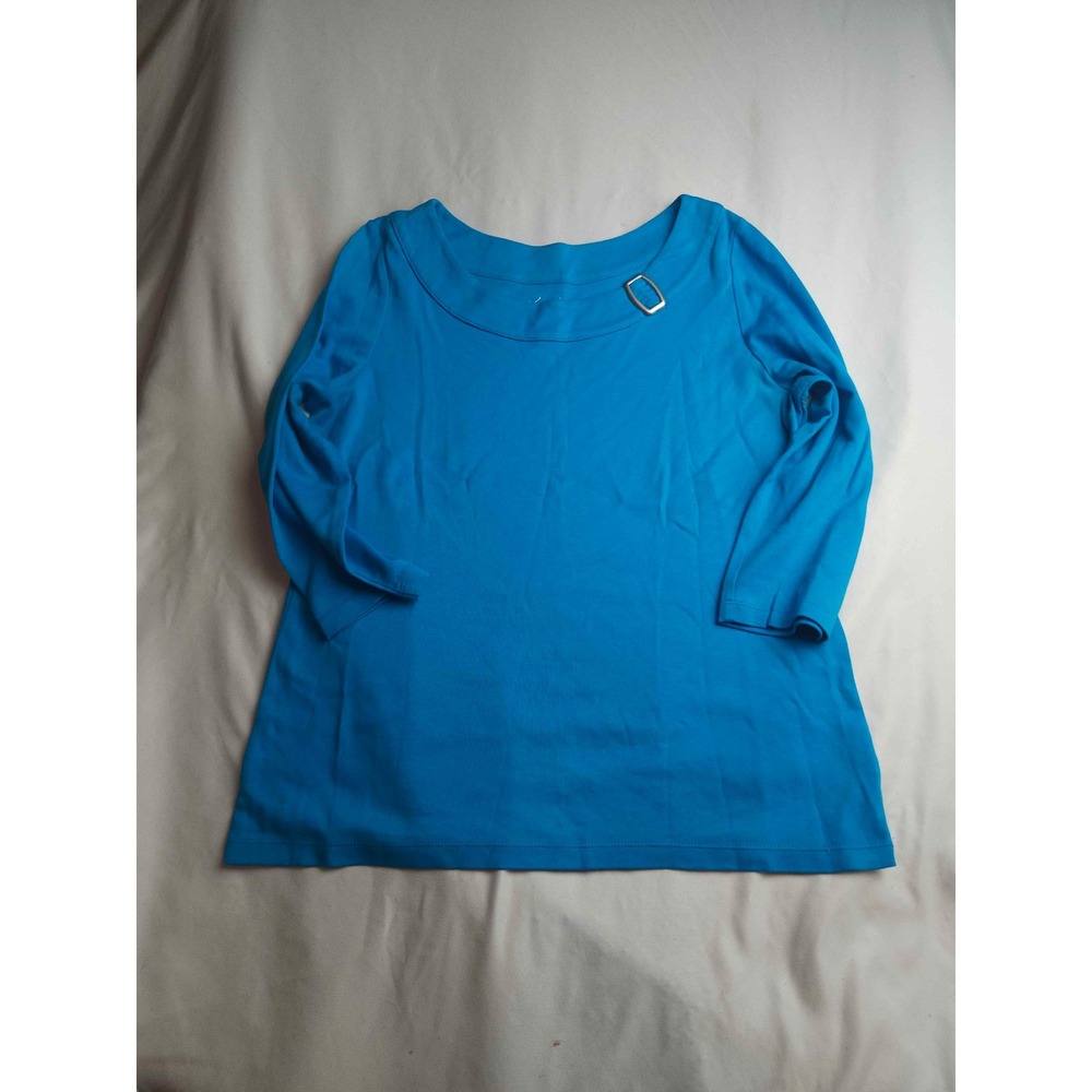 Kim Rogers Petite PM Blue 3/4 Sleeve Cotton Top Buckle Detail Boat Neck Womens